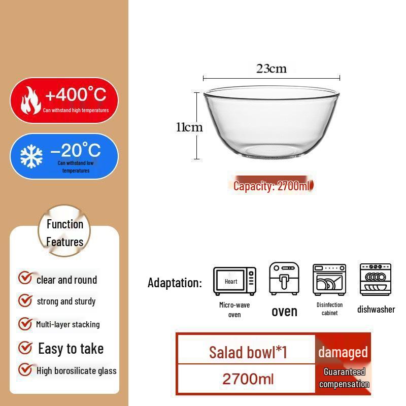 Heat-Resistant Borosilicate Glass Bowl for Microwave, Egg Beating, Baking, Dough Mixing, and Soup.