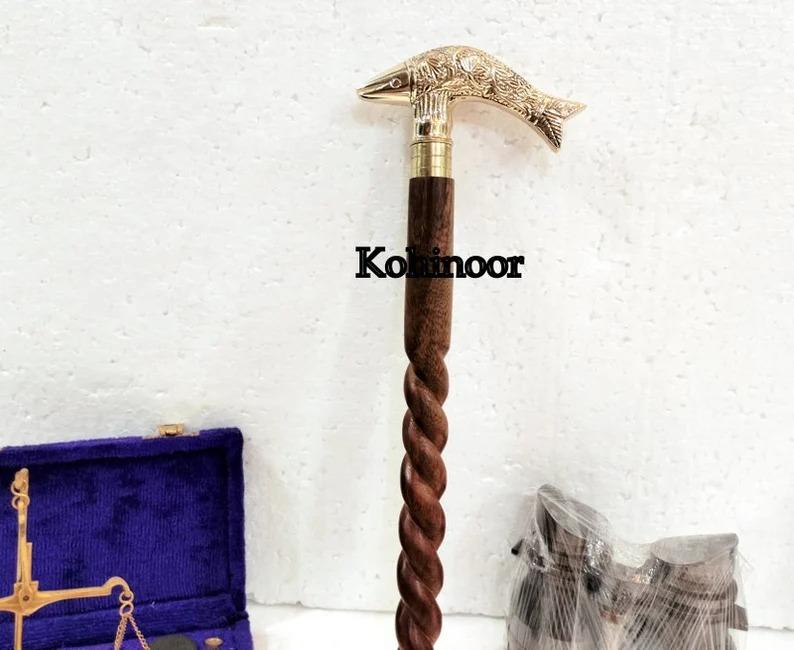 Engraved Walking Cane: Brass Fish Handle, Foldable Personalized Stick