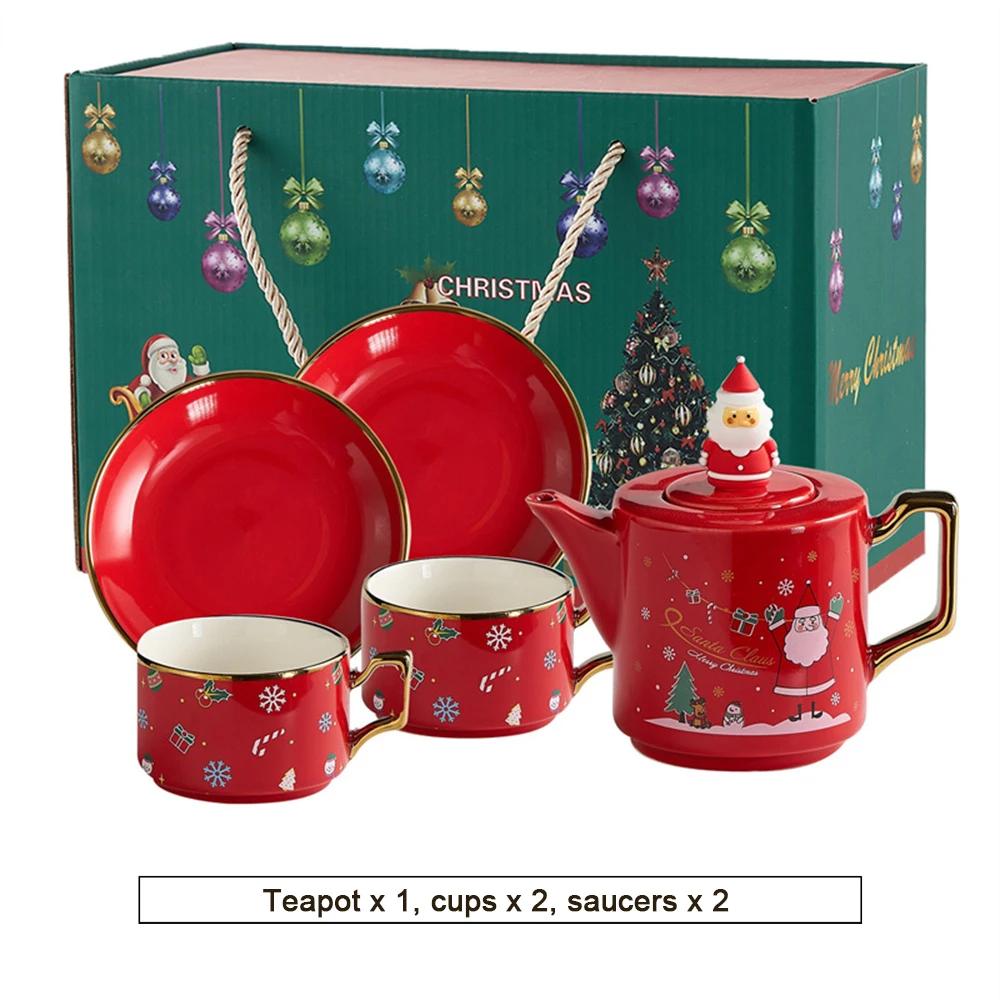 Red Ceramics Teaware Sets Santa Claus Snowman Elk Teapot Teacup Christmas Coffee Cup Saucers Stackable Xmas New Year Gifts