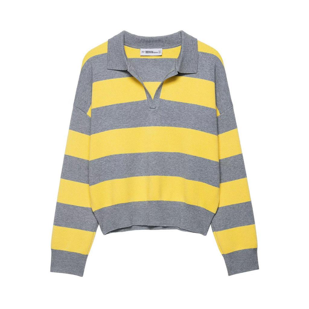 Spring 2026 Women's European & American Striped Lapel Knit Pullover Sweater