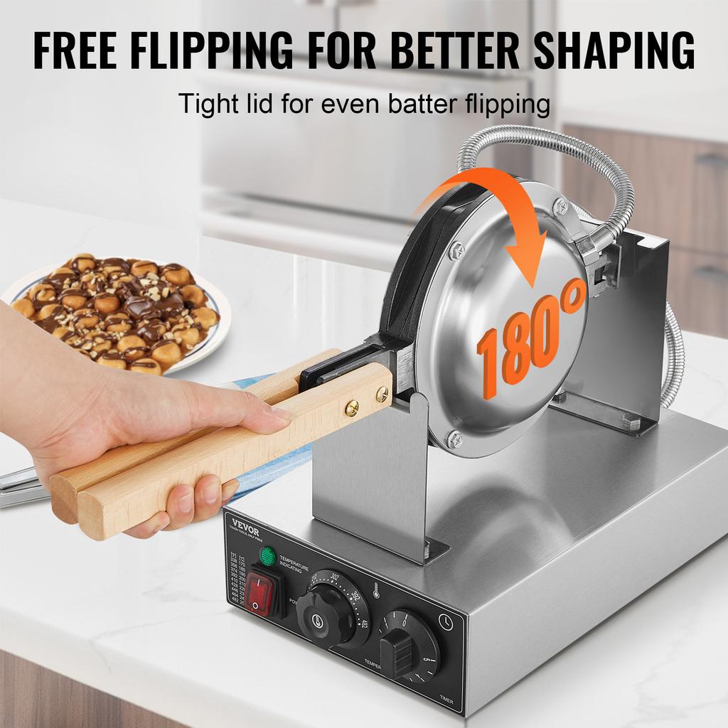 1400W 2 Teglie Commerciale Macchina per Waffle a Bolle d'Uovo Rotante & Manici in Legno Antiaderente Acciaio Inossidabile Bubble Puff con 180°