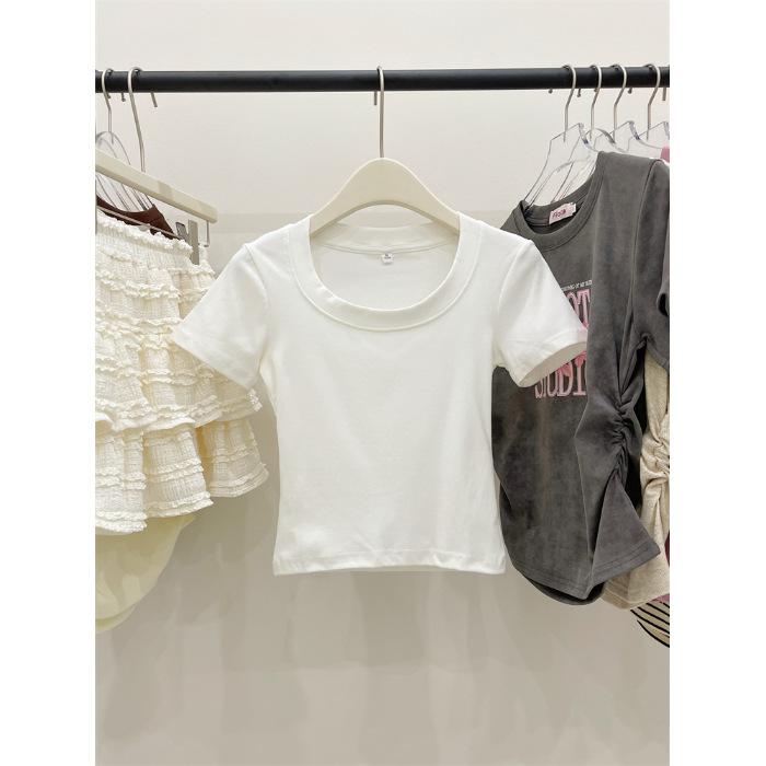 Special Korean Casual Versatile Solid Color U-Neck Clavicle Short Top Women's Summer Inner Spice Girls Small Short Sleeve T-Shirt
