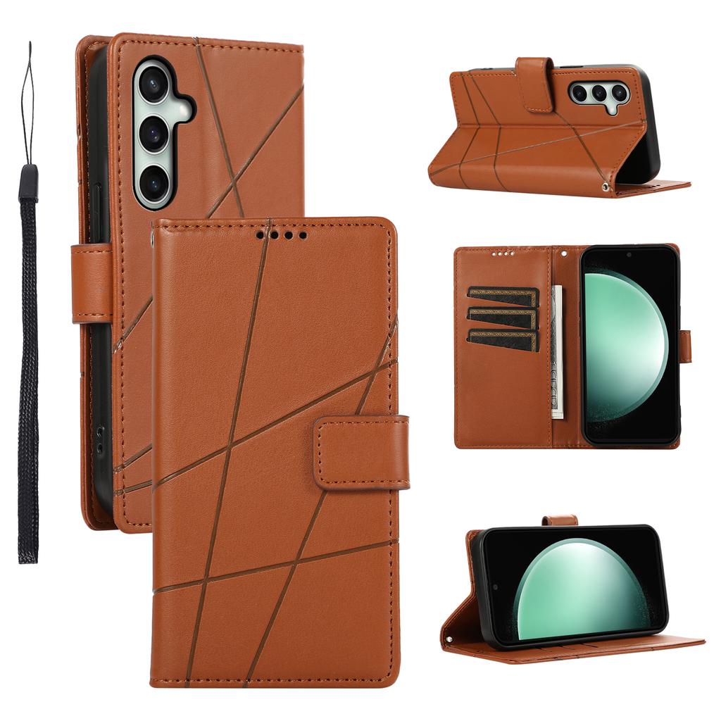 For Samsung Galaxy S25 FE Phone Case Line Imprint Leather Wallet Cover with Wrist Strap