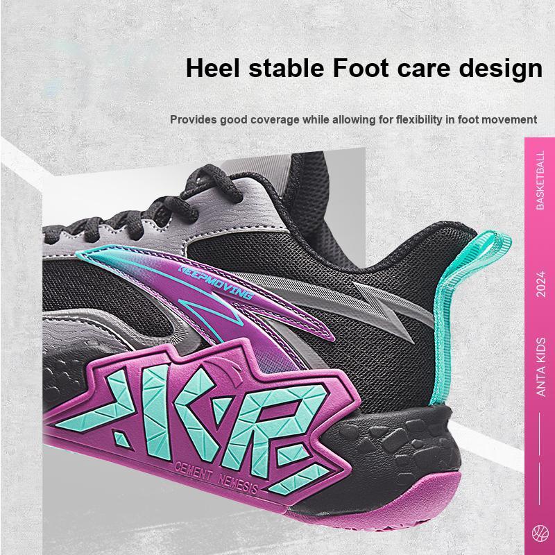 Anta Kids Cement Nemesis Professional Basketball Shoes Non-Slip Shock Absorbing Wear-Resistant Low-Top Kids Basketball Shoes Black Gray A12431101-2