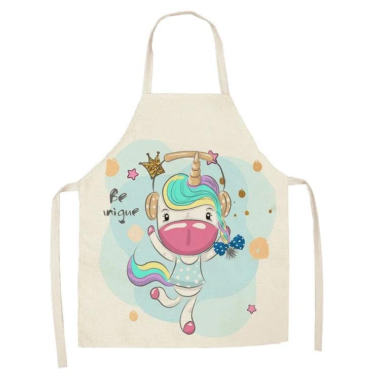 1Pcs Kitchen Apron Cartoon Unicorn Music Printed Cotton Linen Aprons for Women Men Cooking Accessories Delantal Cocina Mujer