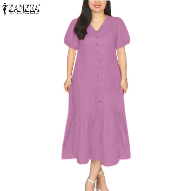 ZANZEA Women Summer V-Neck Solid Color Loose Short Sleeve Dress