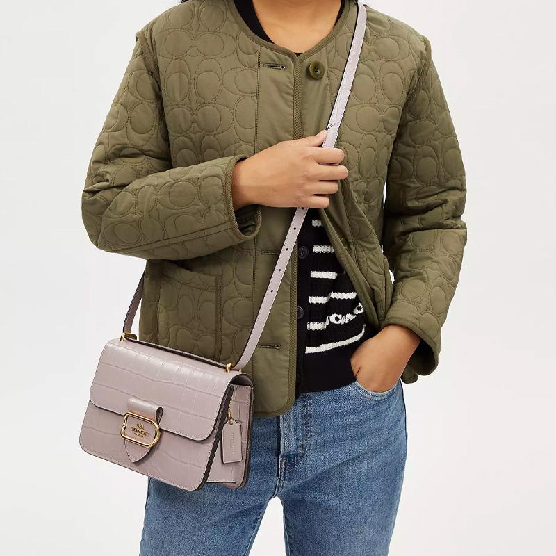 Coach Morgan 25 Nameplate Crocodile Pattern Flap Leather Small Shoulder Crossbody Bag Medium Women bags Gold Gray CM204-IMC2J