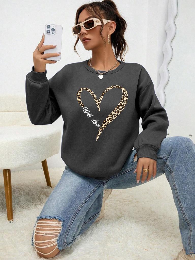 Felpa da Donna con Stampa Leopardata Wild Heart, Pullover con Fodera in Pelliccia da Strada, Abbigliamento Hipster, Girocollo Versatile, Tuta