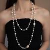 Elegant Layered Pearl Pendant Necklace Women Zinc Alloy Long Chain Geometric Design 2025 Fashion Jewelry