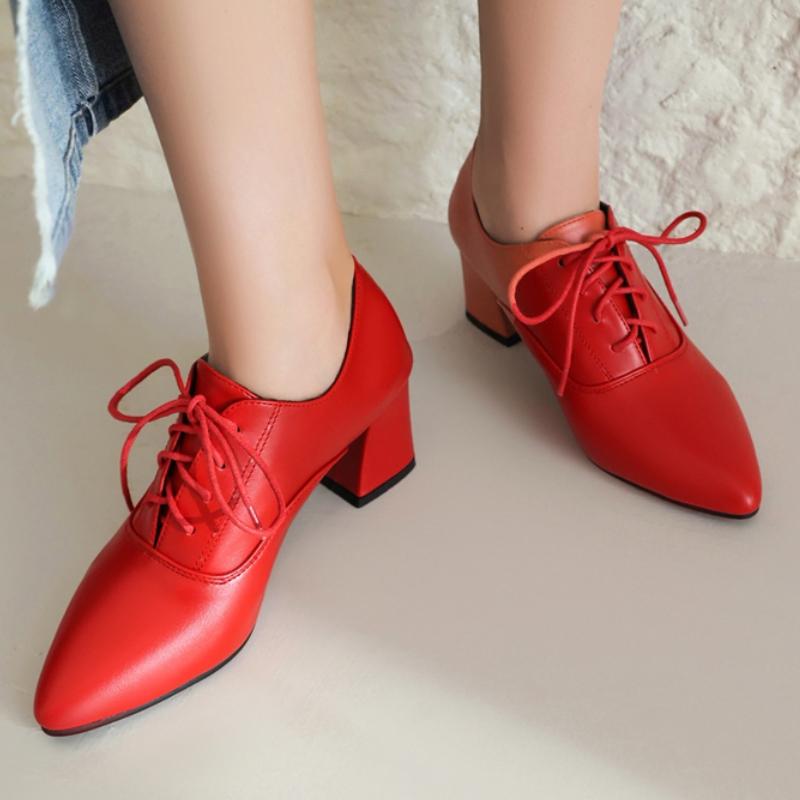 Elegant Women's Low Heels Loafer Shoes Fashion Lace-up Black Khaki Nude Short Heeled Party Wedding Office Shoes Female Big Size