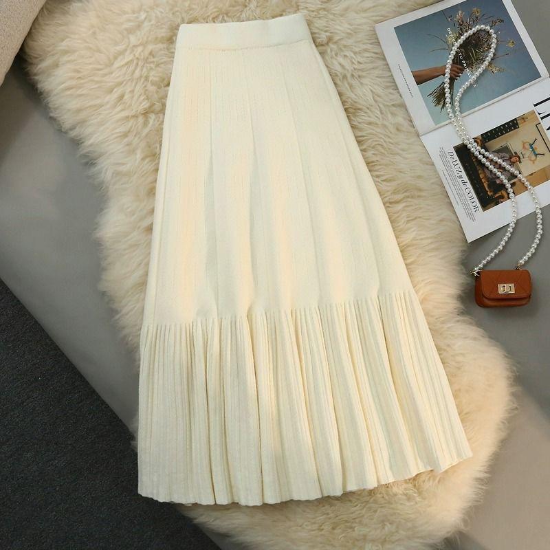 Women's High Waist Ruffle Knit Skirt - Retro A-line, Autumn/Winter, Slimming, Long Hem.