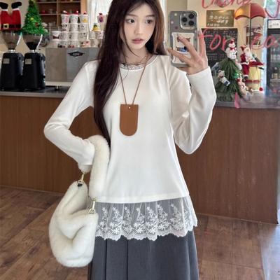 Spitzen-T-Shirts Weiß Einfache T-Shirts Damen-T-Shirts Design Rundhals Mädchen Niedliche T-Shirts Mode Spitze Weite Oberteile