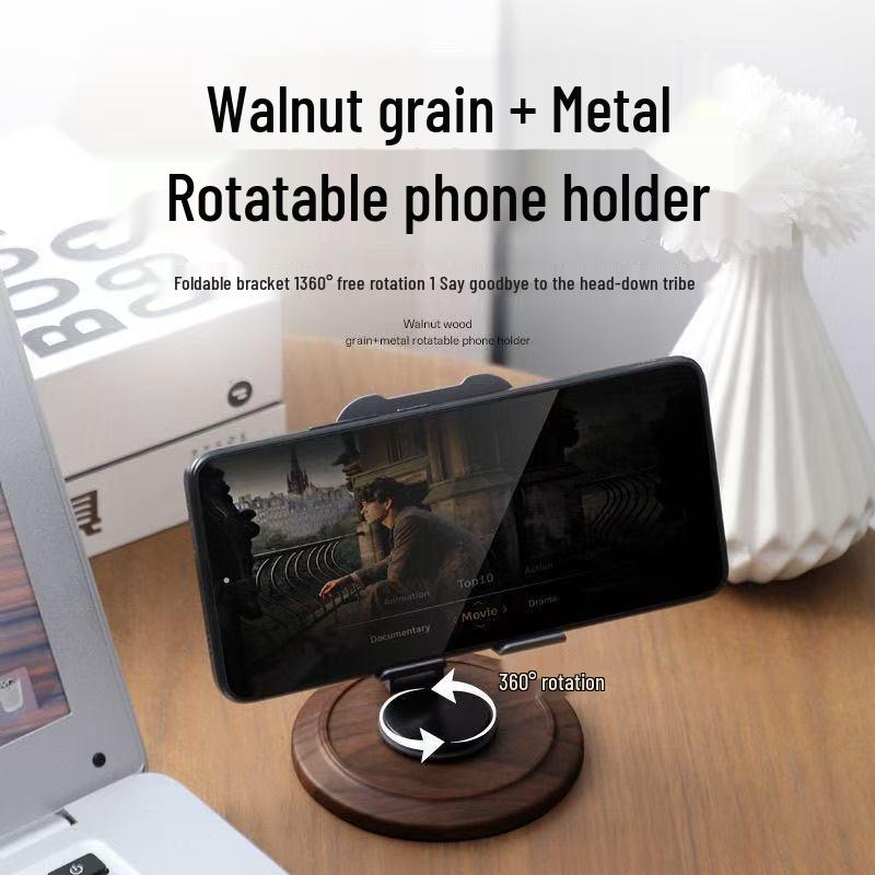 2025 Walnut & Metal Foldable Phone Holder for Desktop - Adjustable, Portable, Perfect for Streaming & Video Watching
