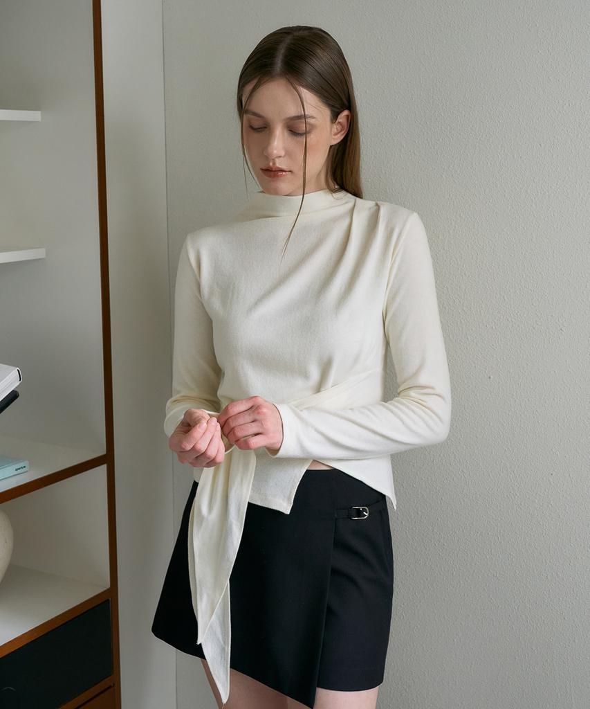 DEHEVE Wool Mock-Neck Wrap Long Sleeve [Ivory]