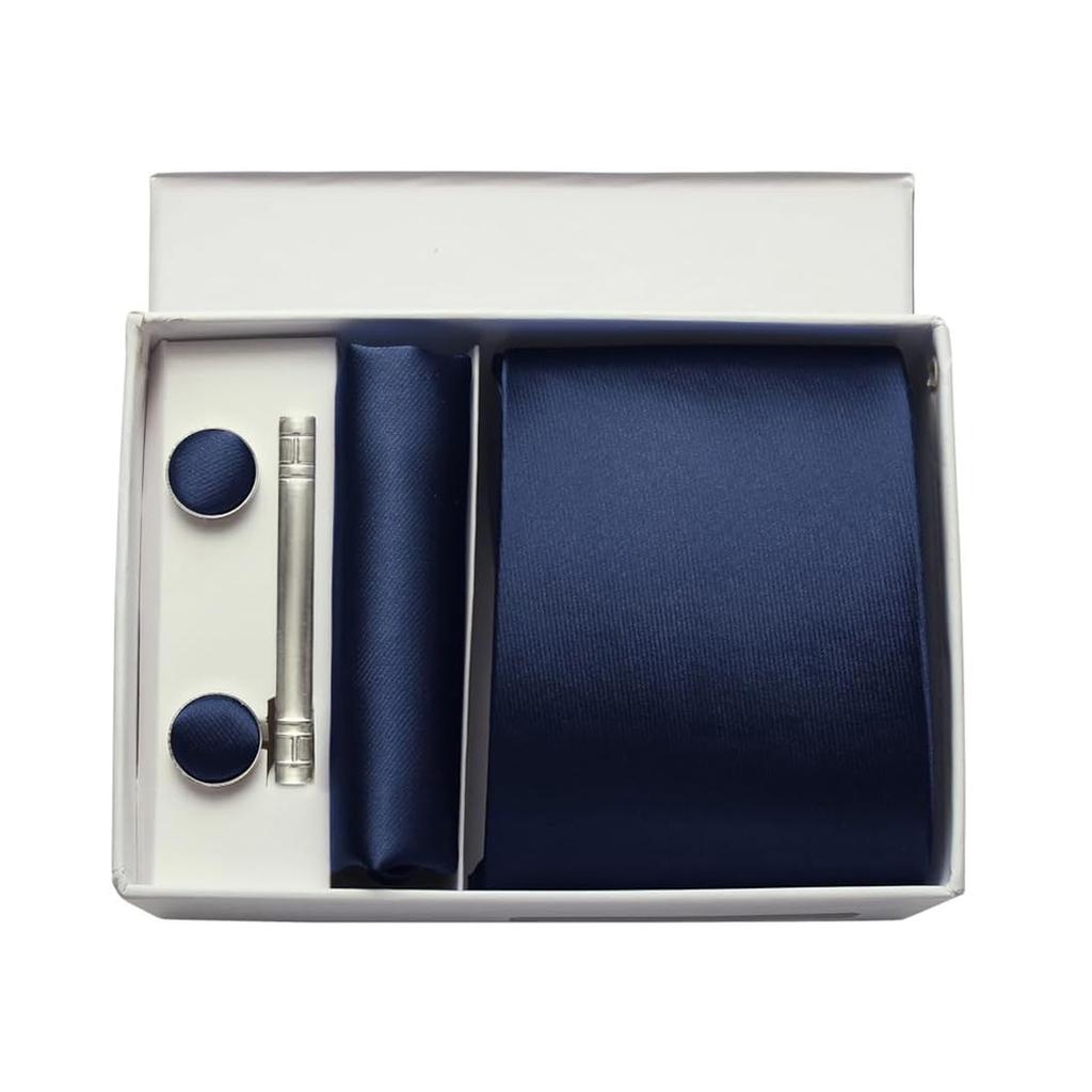 Mens Silk Tie 8Cm Solid Red Blue Necktie Handkerchief Cufflinks Gift Box Set Formal Ties For Man Workplace Business Wedding Gift