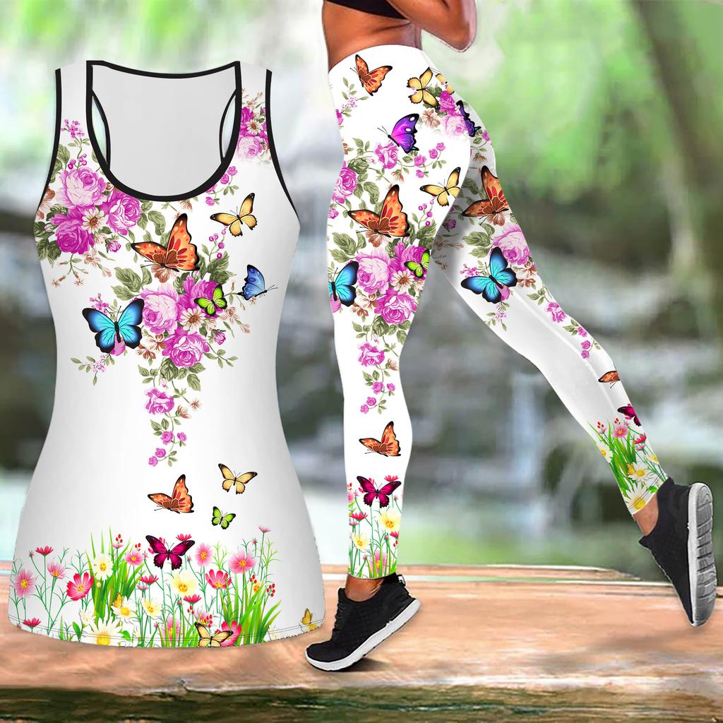 Spring Butterfly Print Yoga Outfit for Women Fashion Workout Leggings Fitness Sports Casual Yoga Set Sports Suit