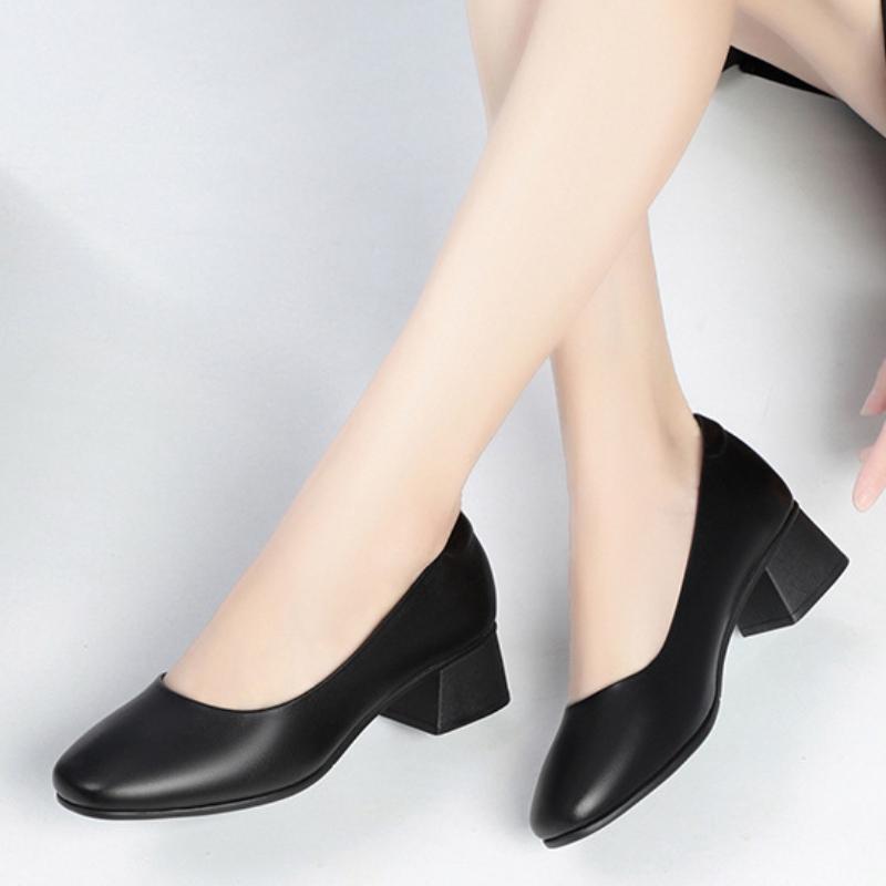 Fashion Women Classic Black Pu Leather Office Square Heel Pumps Zapatos De Mujer Lady Cute Brown Comfort Pumps for Party