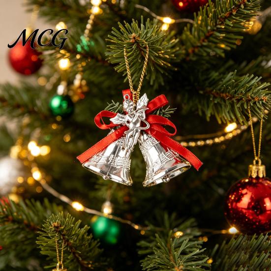 Durable Plastic Base Bell Christmas Ornament with Red Ribbon Bow, Small Jingle Thickened Electroplated Tree Hanging Decoration for Tree, Garland,