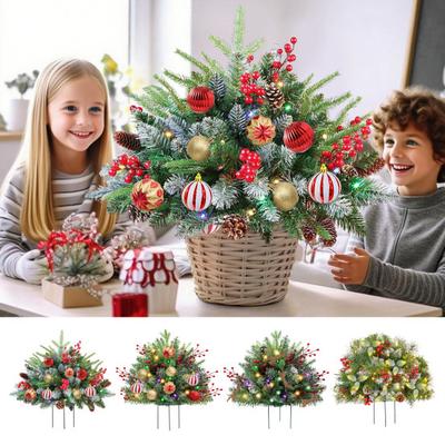 Lighted Artificial Christmas Urn Filler Battery Powered Pre-lit Xmas Pine Trees with LED Lights And Tripod Stake Holiday Planter Filler for Porch