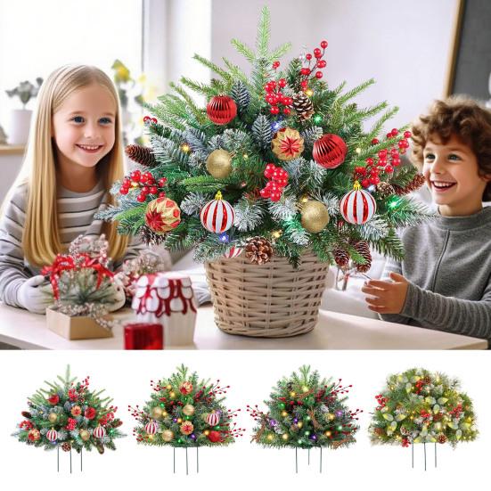Lighted Artificial Christmas Urn Filler Battery Powered Pre-lit Xmas Pine Trees with LED Lights And Tripod Stake Holiday Planter Filler