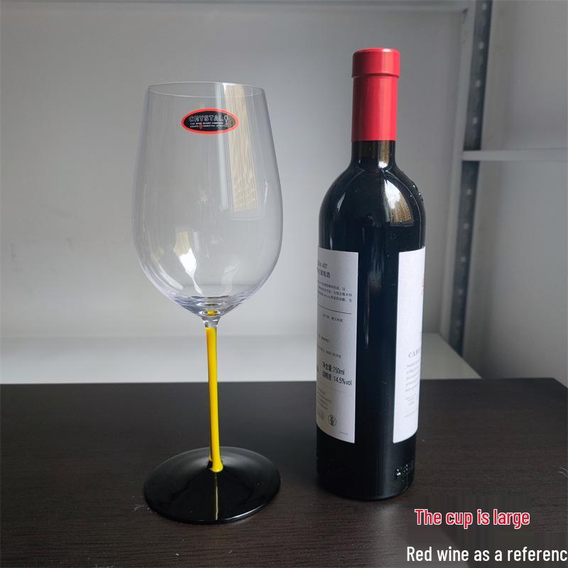 Luxurious European Burgundy Crystal Wine Glass with Black Bow Tie and Red Stem, Large Belly Cup Minor Flaw