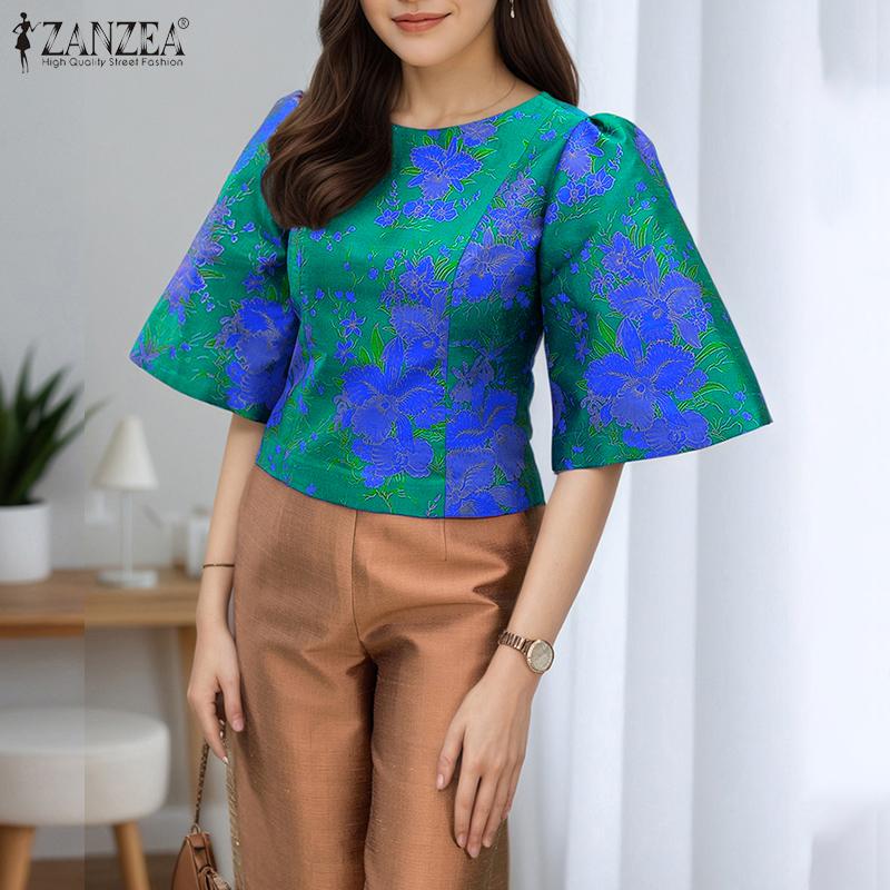 ZANZEA Women Casual Round Neck Summer Half Sleeve Print Blouse