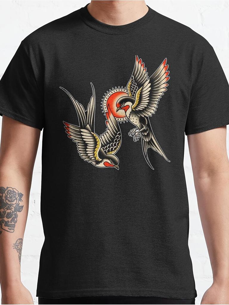 Trendy Casual Graphic T-Shirt, Soft Crew Neck Short Sleeve, Men'S Clothing with Classic Swallow Tatt