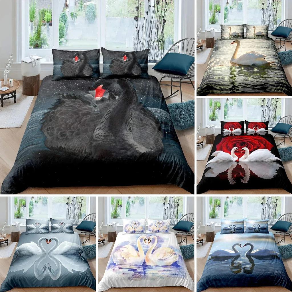 Topp Svan Påslakan Svartvitt Svan Sängkläder Set Pojkar Flickor Twin Queen Size Örngott Säng Barn Vuxen Mode Hem