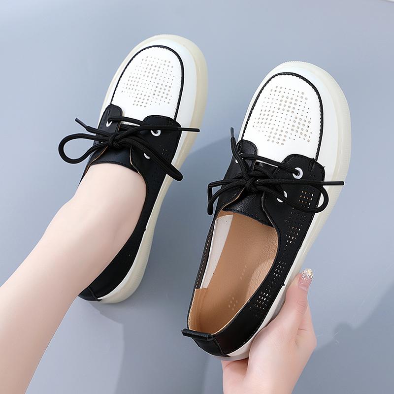 Fashion Circle Boat Shoes Women Genuine Leather Loafers Moccasins Lace-up Flat Shallow Solid Flat with Slip On Sandals Round Toe Ankle F