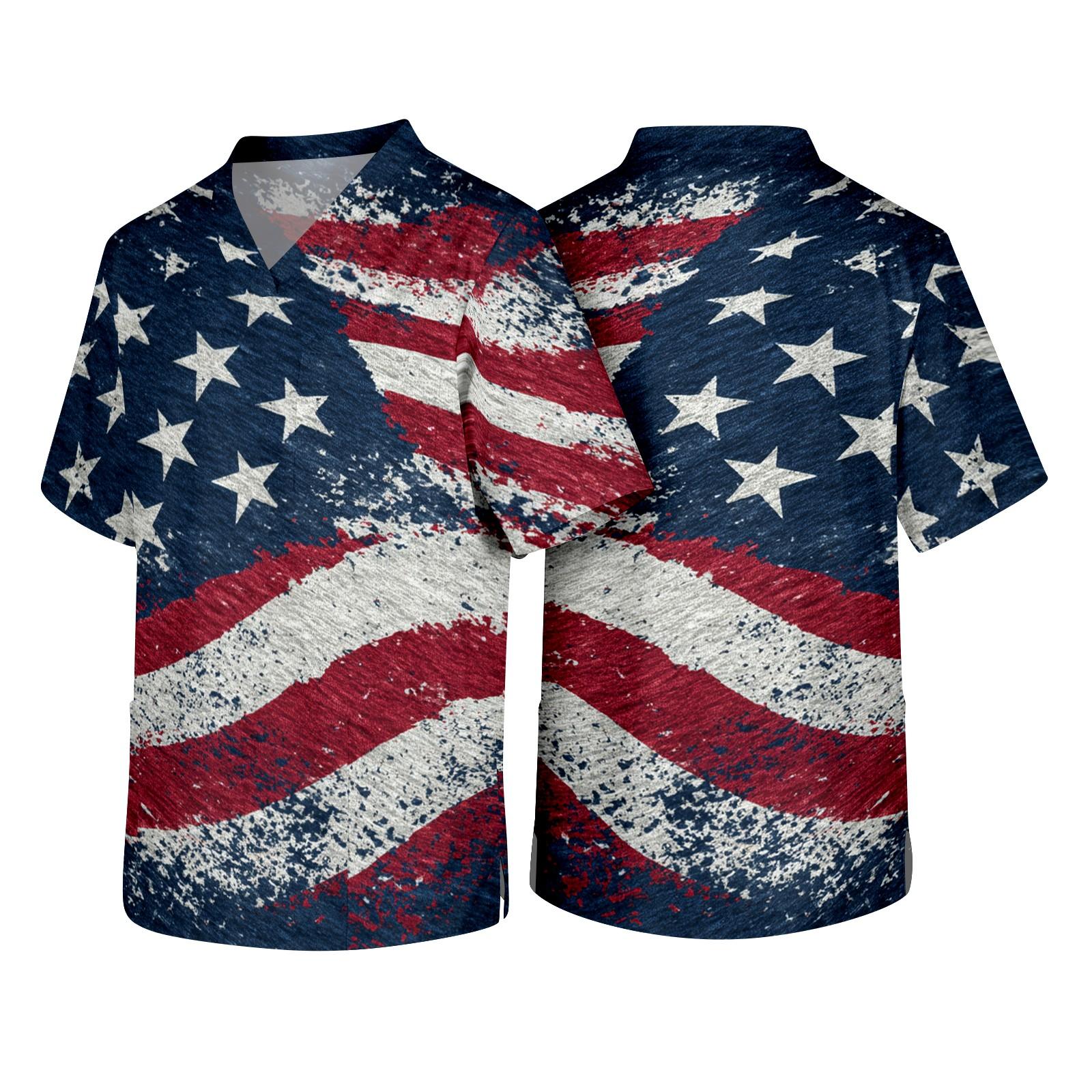 

Men s V Neck Short Sleeve Scrub Top with Chest Pocket Medical Workwear Independence Day Print Comfortable Fit S тёмно-синий