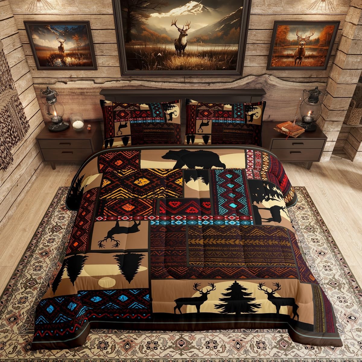 

Comforter Deer Moose Bear Comforter Set Queen Boho Aztec Western Rustic Farmhouse Woodland Bedding Setsteal Red Brown Stripes Decor 3 Pcs Comforter (quilt)-EU Single(135*200cm)3pcs