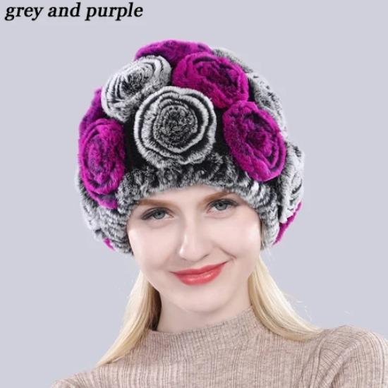 New Arrival Flowers Real Fur Hats Winter Russian Women Natural Rex Rabbit Fur Caps Lady Genuine Rex Rabbit Fur Beanies Cap