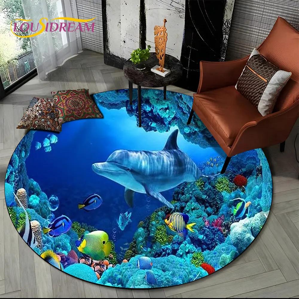 3D Seabed Illusion Underwater World Dolphin Round Area Rug,Carpet for Living Room Bedroom Sofa Playroom Decor,Non-slip Floor Mat