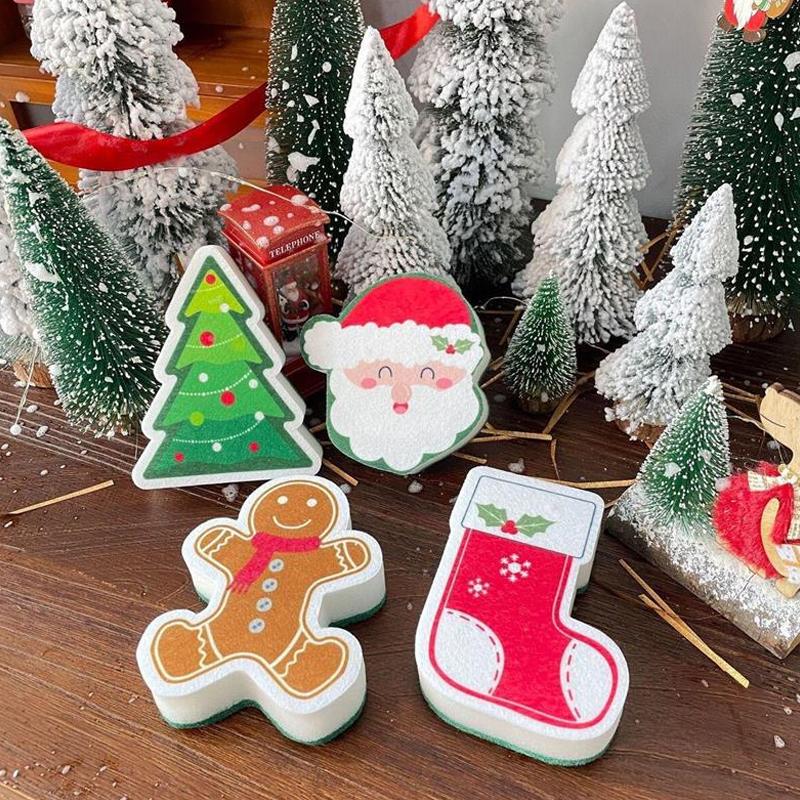 Christmas Kitchen Cleaning Supplies Durable Dishcloths Easy To Clean Cleaning Brushes Cute Sponges Home Decor 10x12cm