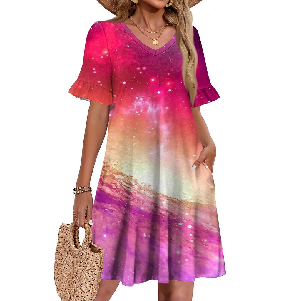 Damen A-Linie Sommerkleid Kurzarm V-Ausschnitt Bedrucktes Kleid Mit Taschen