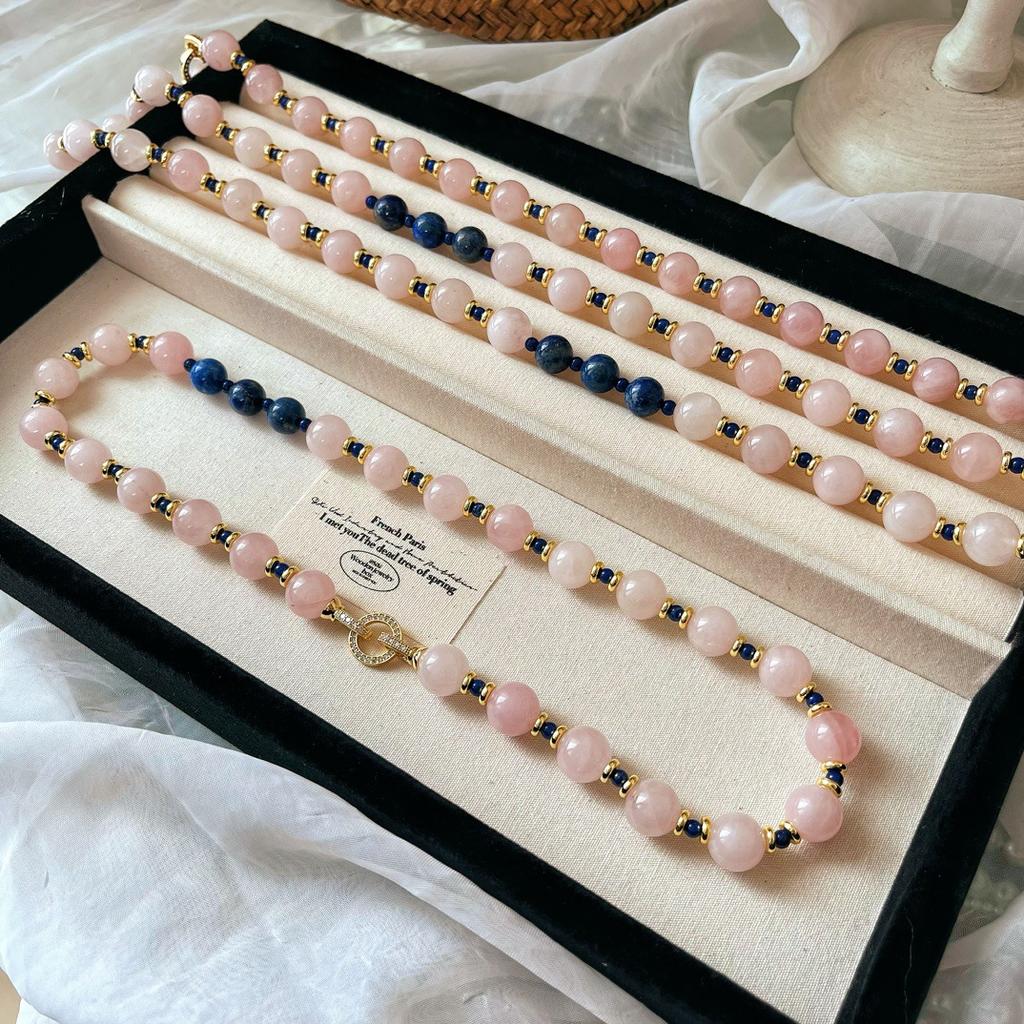 Guofeng Retro Natural Powder Crystal Natural Lapis Lazuli Contrasting Color Design Necklace Women's Neck Chain Collarbone Chain