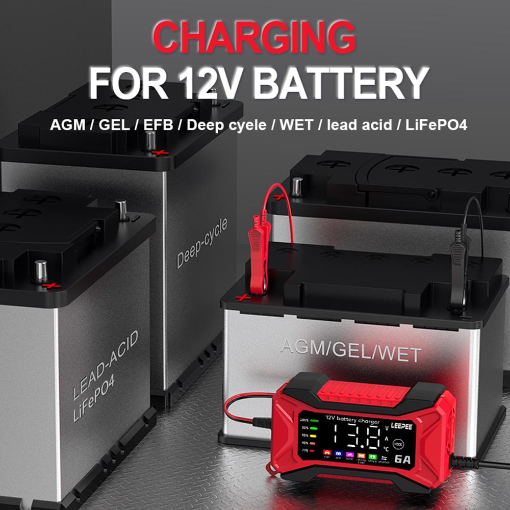 12V 6A Overvoltage Protection Intelligent Pulse Repair Car Battery Charger Voltage Temperature Detection Digital LCD Display