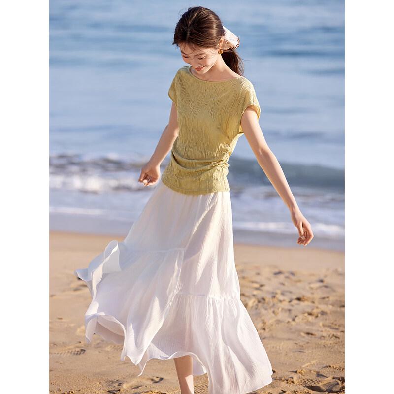 Mohanyimei Women's Textured Off-Shoulder Slim T-Shirt