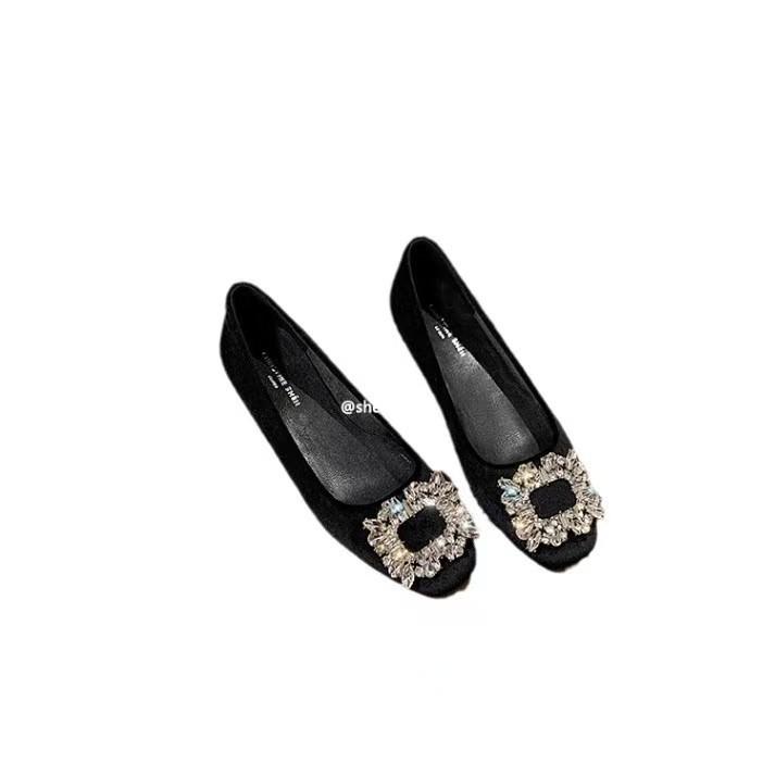 Cowhide Version~ Square Head Rhinestone Single Shoes Women's Shallow Mouth Square Head Flat Bottom Dinner Commute