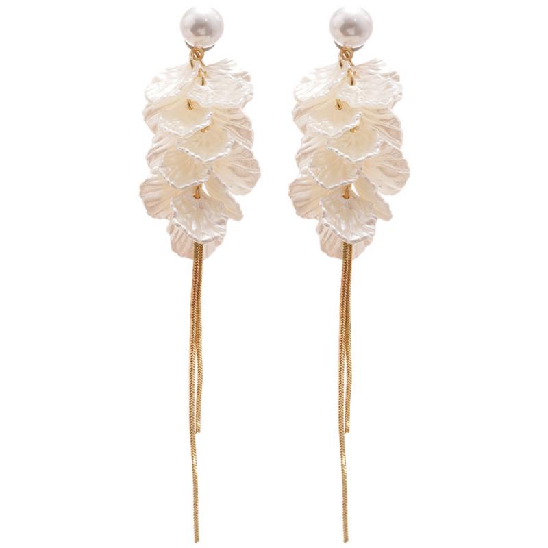 White Petal Flower Drop Earrings for Women Elegant Temperament Simulated Pearl Tassel Earrings Wedding Romantic Jewelry Gifts