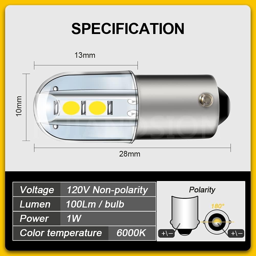 BA9S LED Bulb 120V AC/DC, Industrial Indicator Light for Control Panel, Switchgear Status, Machine Tool Signal, Pack of 20 Cool White