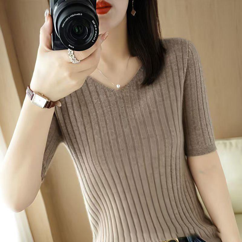 Frühling Sommer Damen V-Ausschnitt Kurzarm Exquisiter Kaschmir Strickpullover Pullover Einfarbig