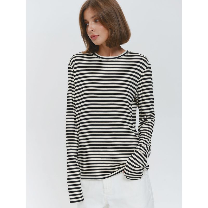 European and American New Fashion Casual Loose round Neck Stripe Long sleeves Shirt Top Long Sleeved T-shirt