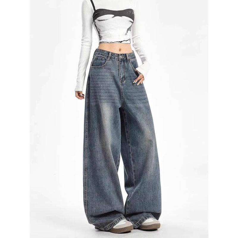 American Relaxed Feeling Denim Women's Autumn New Arrival Plus Size Fat Sister mm High Waist Loose and Slimming Mop Wide Leg Pants