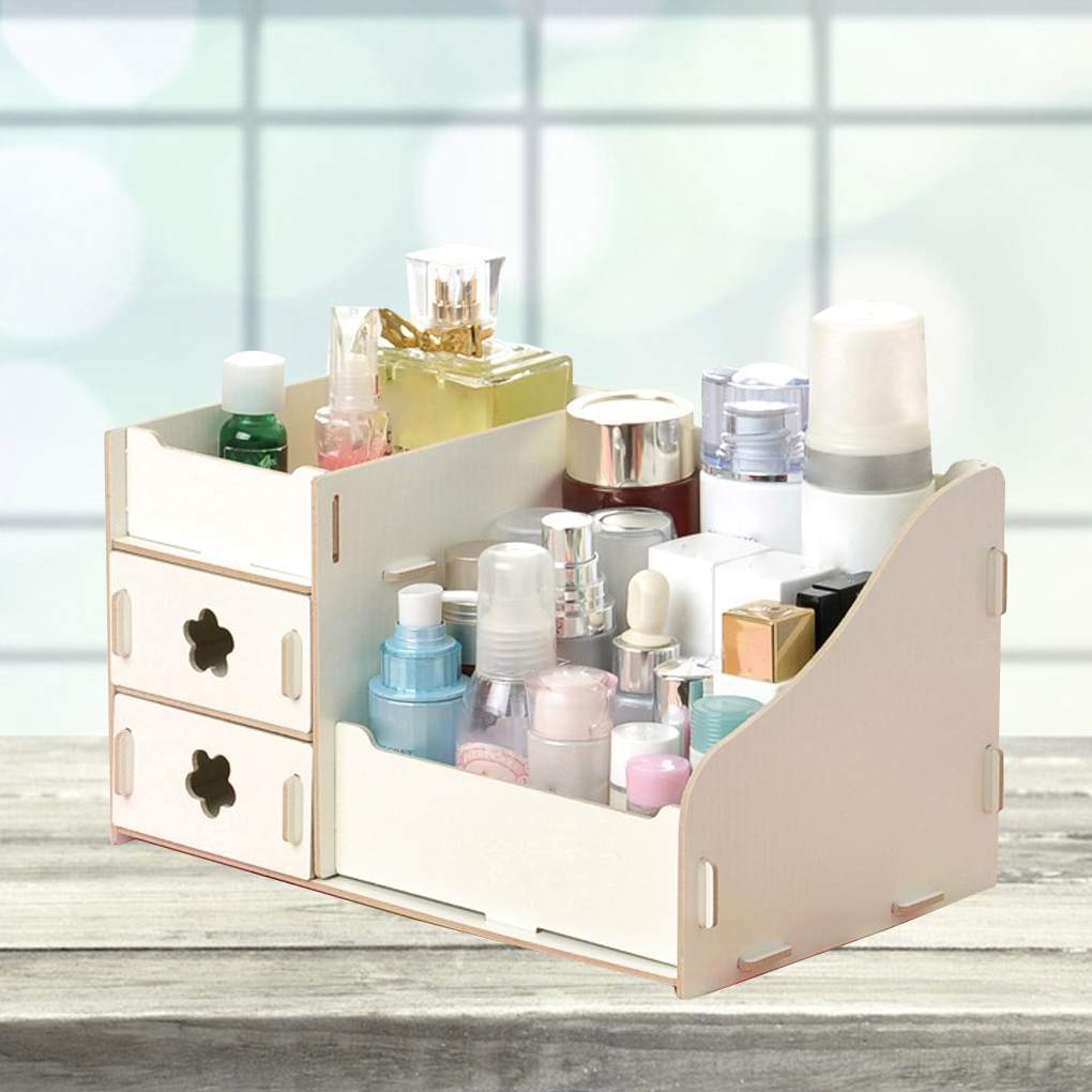 Desk Cosmetic Storage Box Wooden Makeup Case Jewelry Organizer