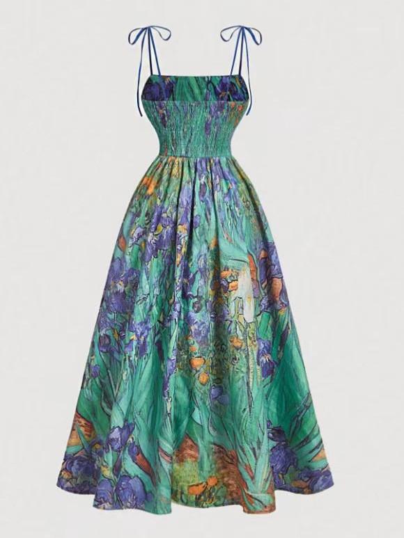Vintage Flower Print Sleeveless A Line Dress With High Waist For Casual Summer Wear