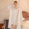 11 Spring and Autumn New French Light Luxury Feather Ice Silk Nightgown Women's Silky Sexy Suspender Nightdress Two-piece Loungewear