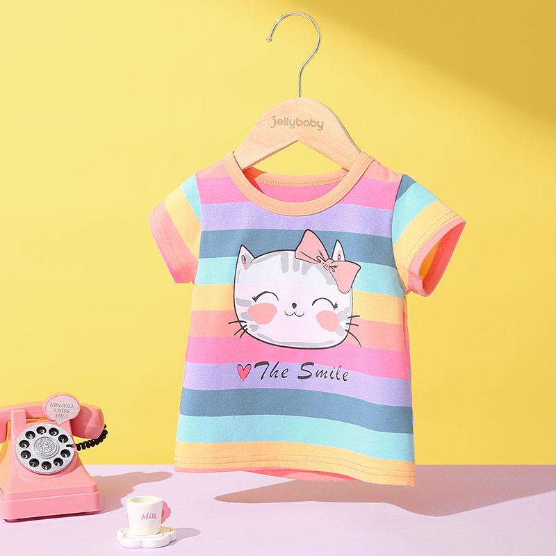 JELLYBABY Girls' Summer Rainbow Stripe Short Sleeve T-Shirt