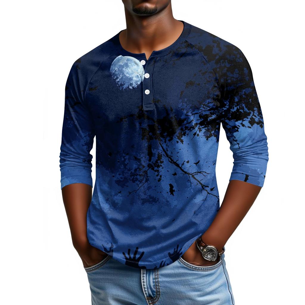 Men Casual Halloween Print Henley Shirt Raglan Three Quarter Sleeve Pullover Top Lightweight Comfortable Fit