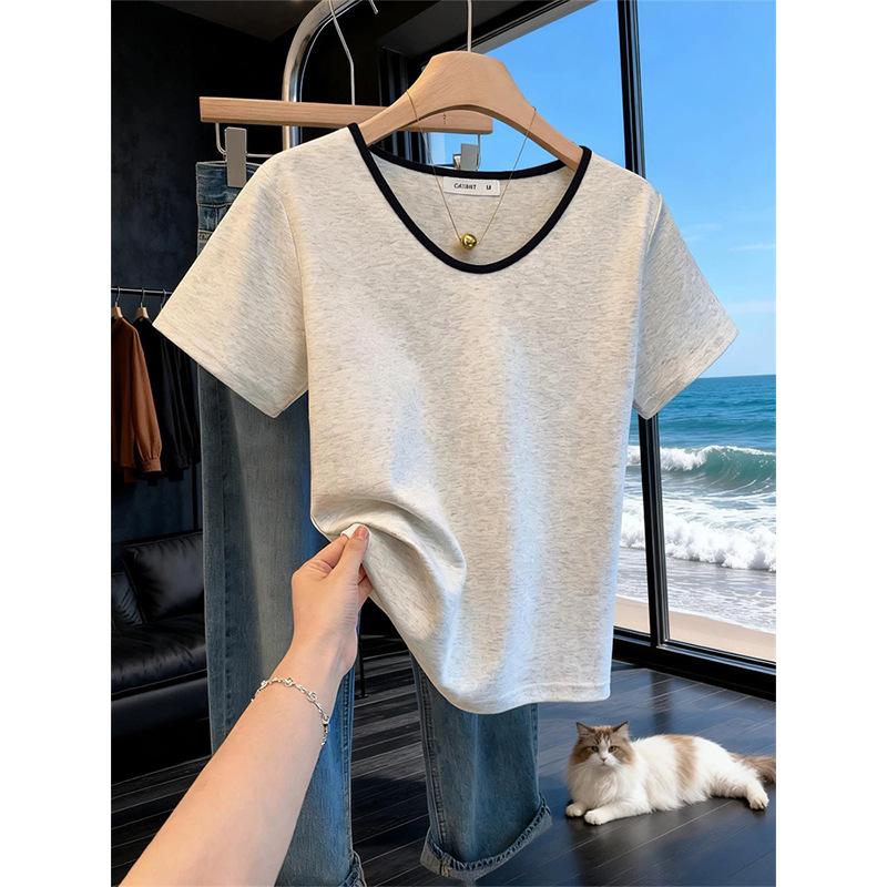Shoulder pure cotton V-neck color matching short-sleeved T-shirt women's new Korean version of fashion versatile top trendy clothes